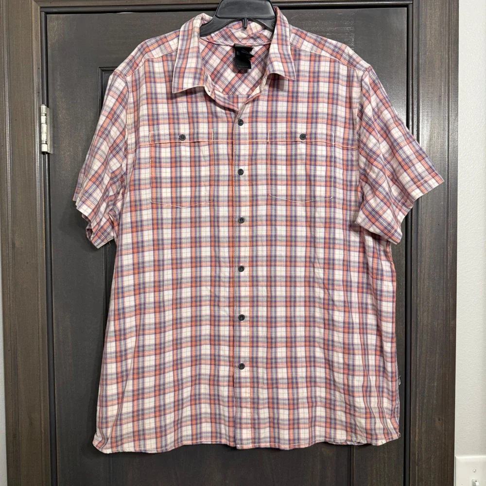 The North Face Mens XXL Plaid Short Sleeve Button Down Shirt Orange Blue White